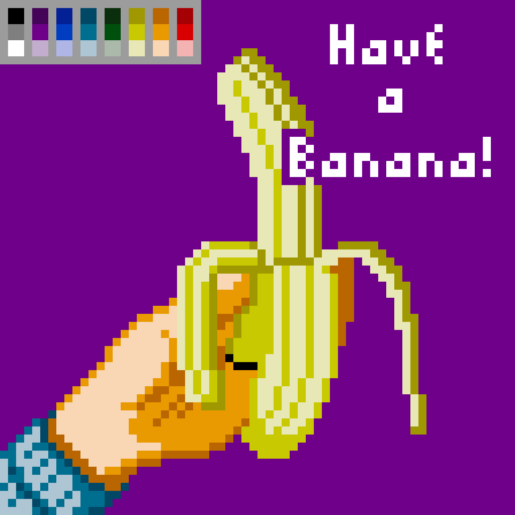 A pixel art depiction of a hand holding a peeled banana with the text Have a Banana! on a purple background.