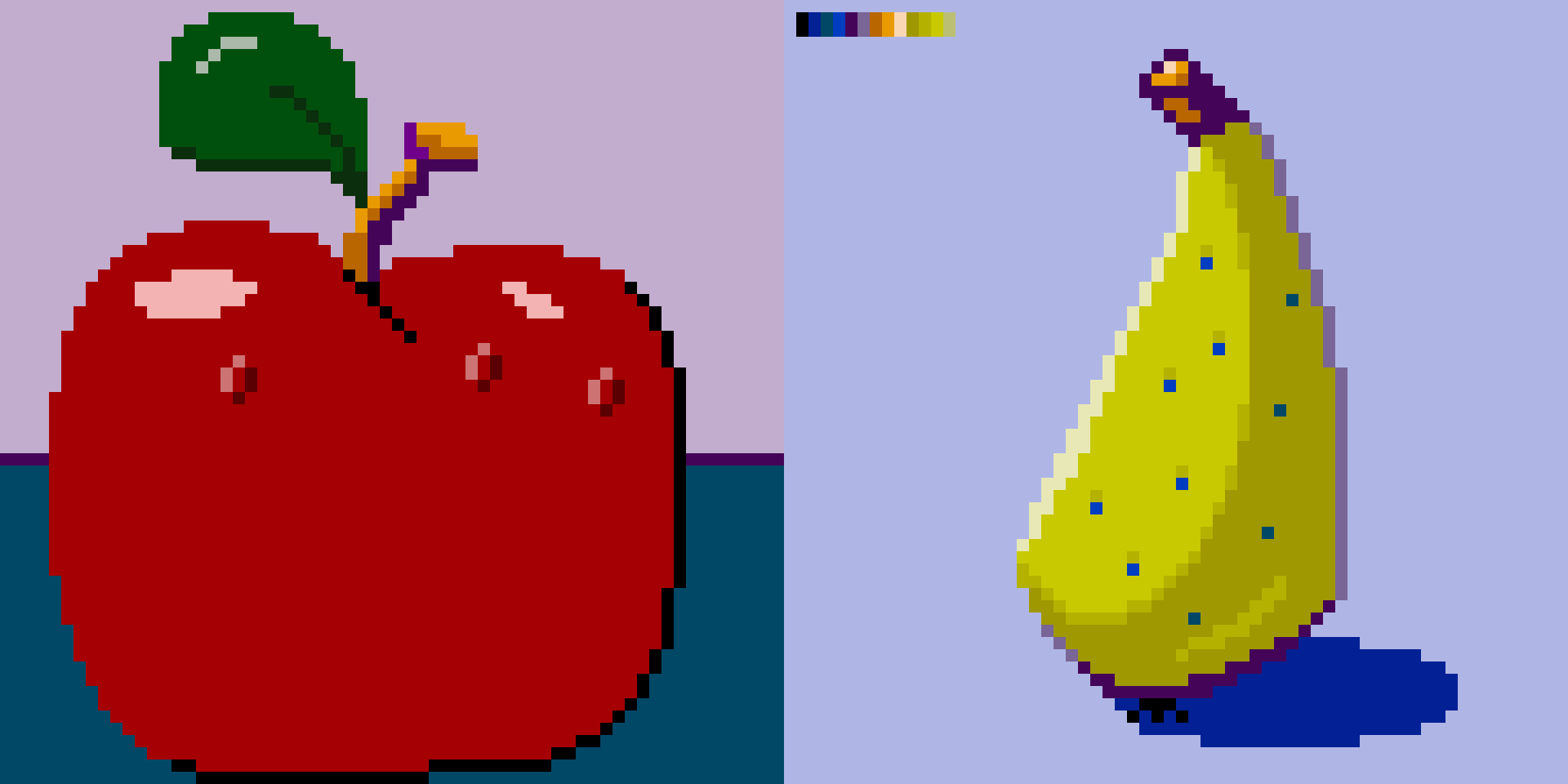 A pixel art depiction of a red apple with a green leaf next to a yellow banana with blue spots, both set against a two-toned background.