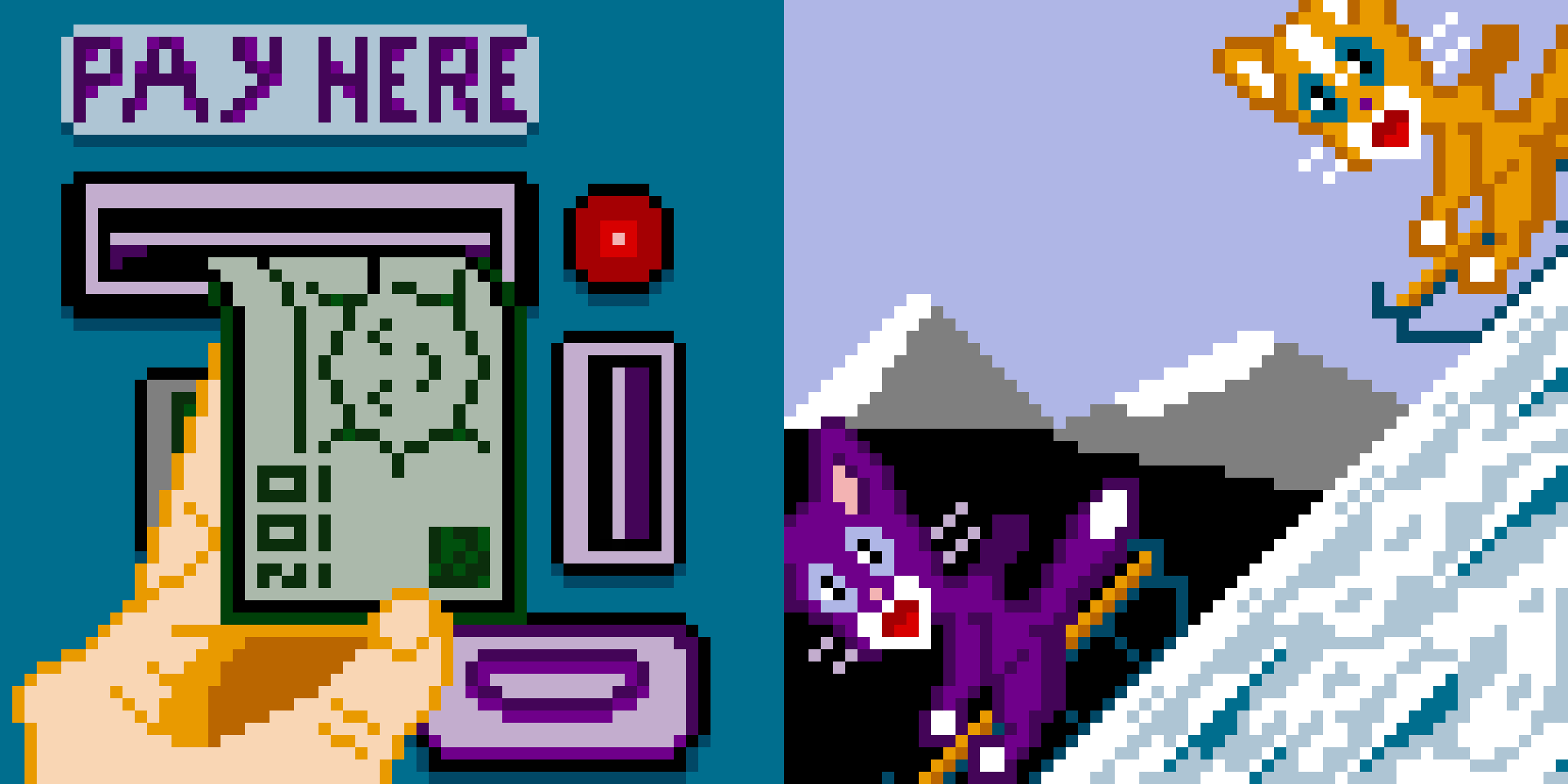 A retro pixel art scene shows a hand inserting cash into a payment machine, with two animals skiing down a snowy mountain.