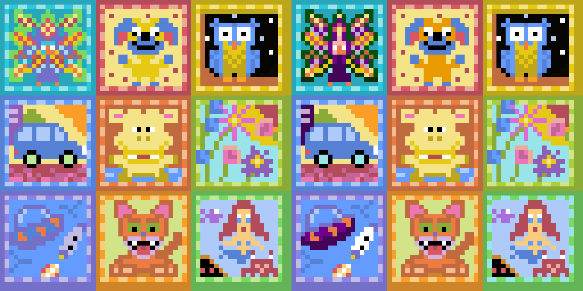 A grid of colorful, pixelated images featuring various animals, vehicles, and abstract patterns.