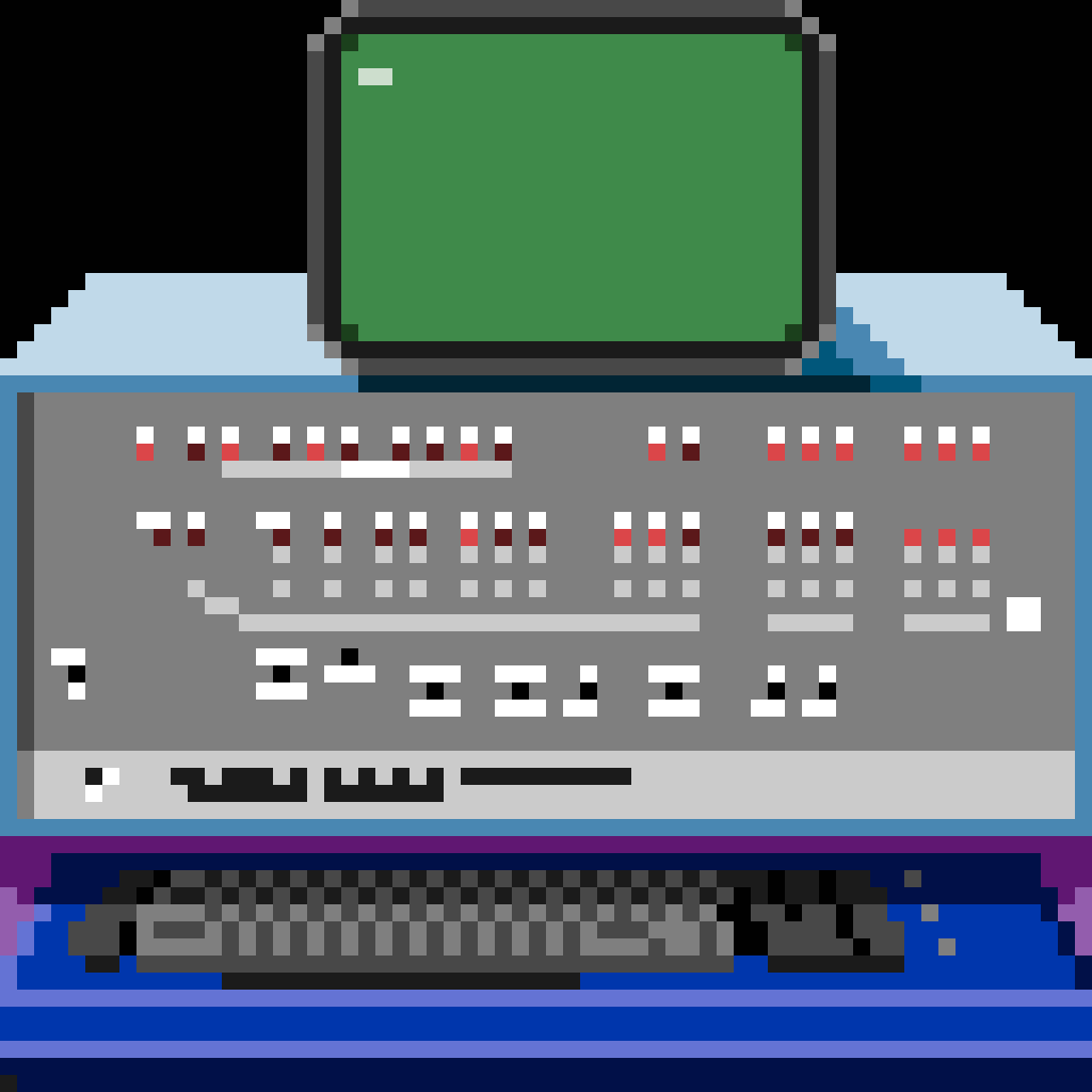 A retro pixel art style depiction of an old mainframe computer with a green screen monitor, numerous switches, and a keyboard.