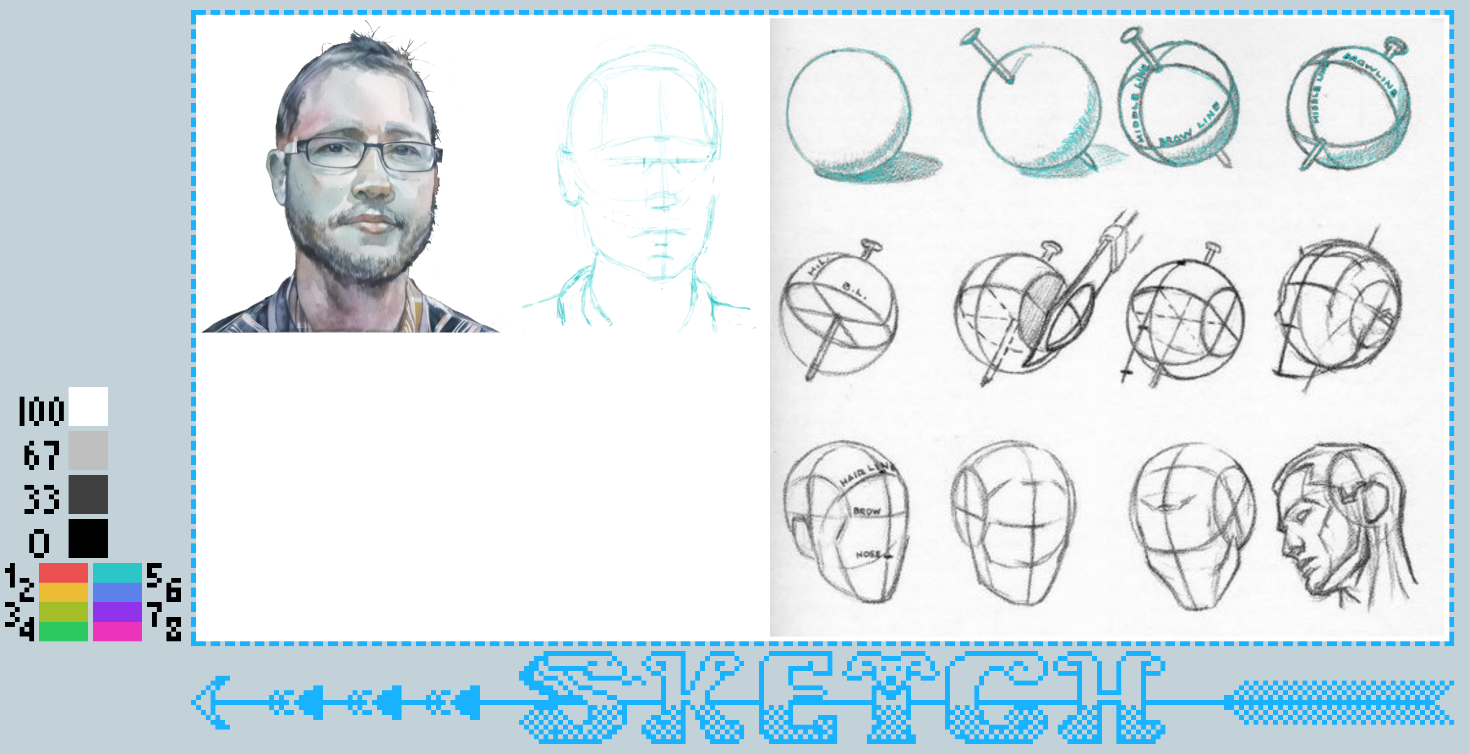 A sketchbook page features a color portrait, geometric diagrams, and various head sketches, all within a digitally-styled frame labeled SKETCH.