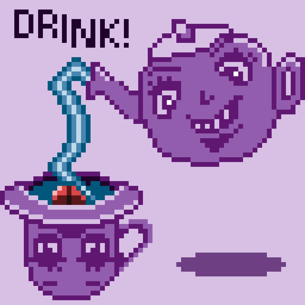 A pixel art teapot with a face pours liquid into a cup, which also has a face, under the word DRINK!