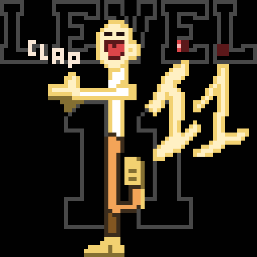 A pixelated character gleefully jumps with arms raised, surrounded by the words Level 11 and Clap.