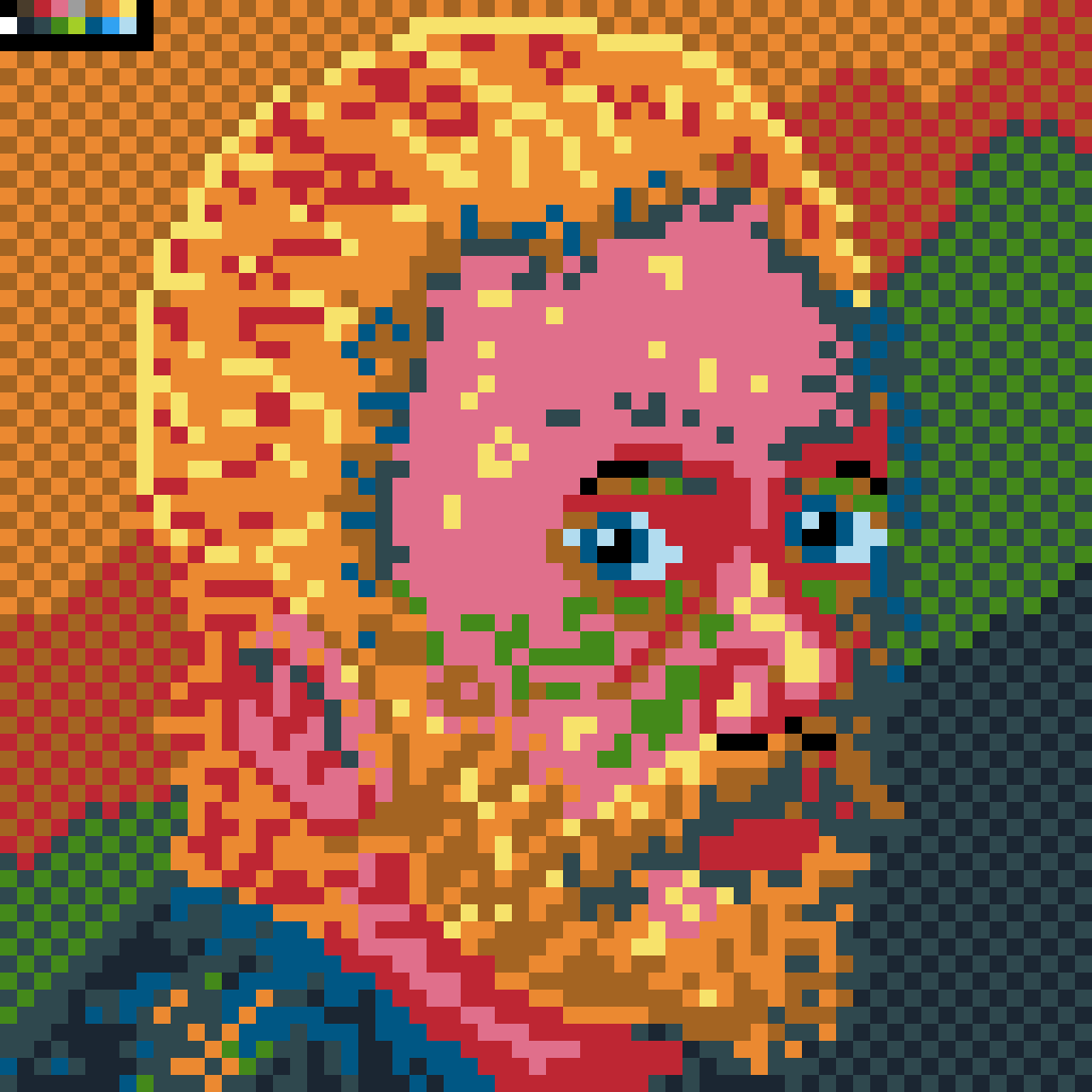 A pixel art portrait features a man with a beard, vibrant colors, and a background of orange and green patterns.