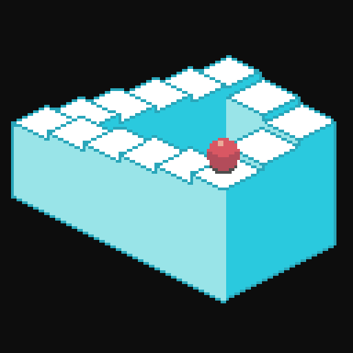 A red ball rests on a seemingly infinite staircase in an isometric view, creating an optical illusion.