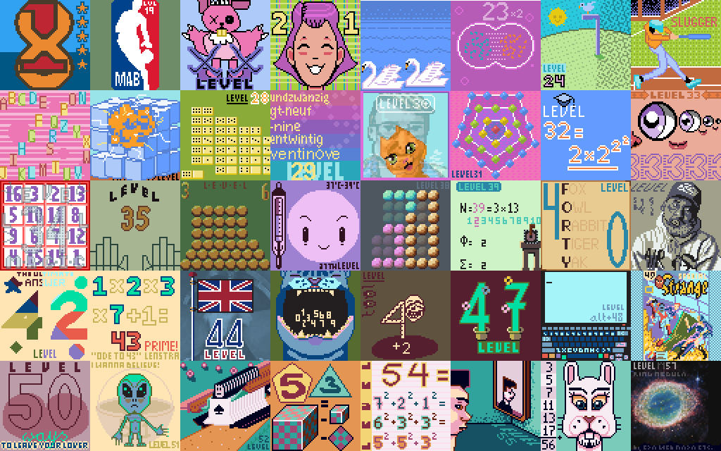 A mosaic of various pixel art images includes playful designs with numbers, mathematical themes, and colorful illustrations.