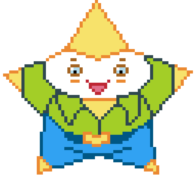 Pixel art of a five pointed star as a cartoon character.