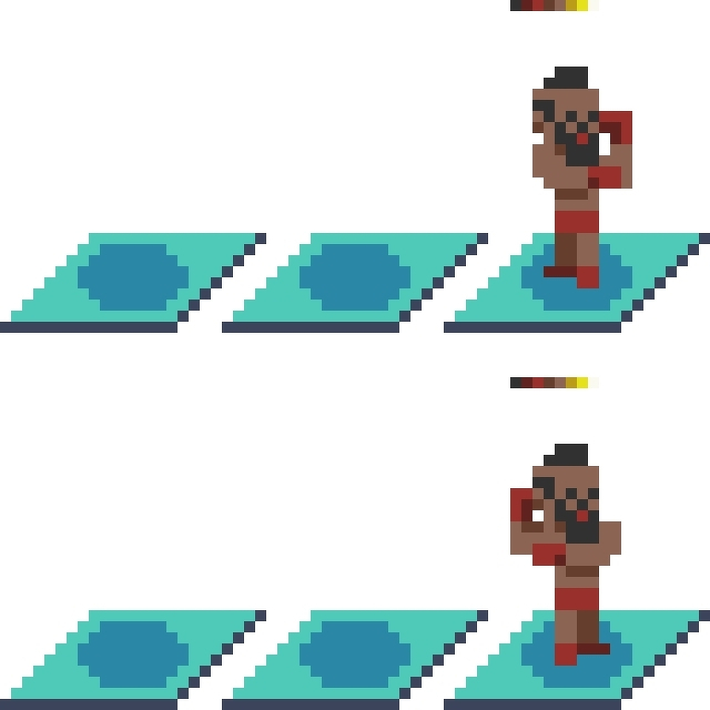 A pixel art character with boxing gloves stands on blue platforms in different positions.