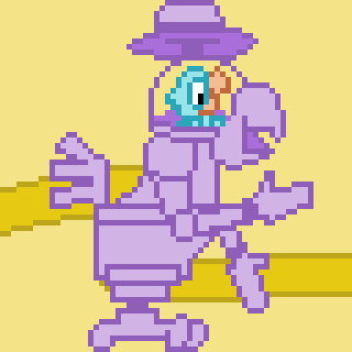 A pixel art character resembling a blue bird is piloting a purple robotic bird-like machine against a yellow background.