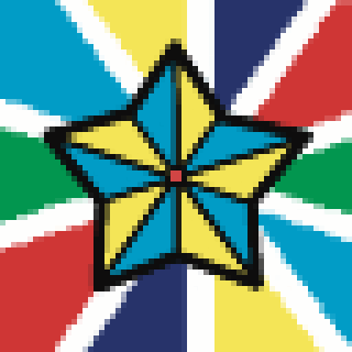 A colorful pixelated star with a central red dot is set against a segmented multicolored background.