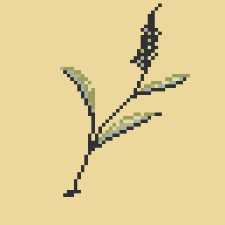 A pixelated plant with a single stem, several leaves, and a flower, set against a plain yellow background.