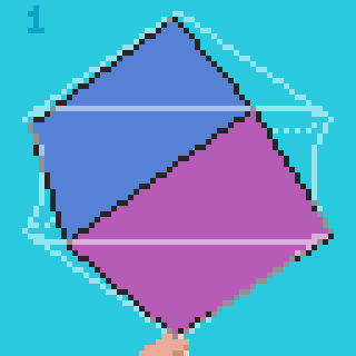 A hand is holding a diamond-shaped kite with a blue and pink checkerboard pattern against a light blue background.