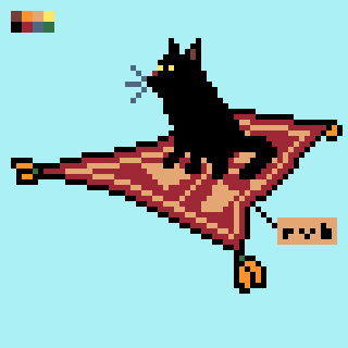A pixel art design features a black cat sitting on a flying carpet against a light blue background.
