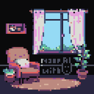 A cozy room features a pixel art style, showing a window, a plant, an armchair, and a cat next to a cup, with the text chat AI with on the wall.