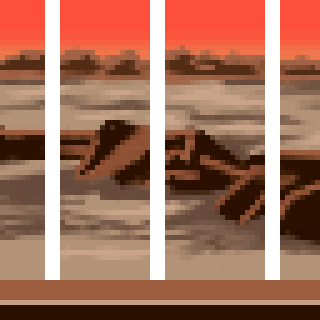 A pixel art scene depicts jagged rocks in a body of water with a vibrant red and orange sky in the background, viewed through white vertical bars.
