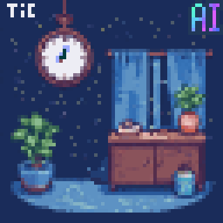 A pixel art scene depicts a hanging clock, a window with curtains, a potted plant, and a small chest of drawers at night.