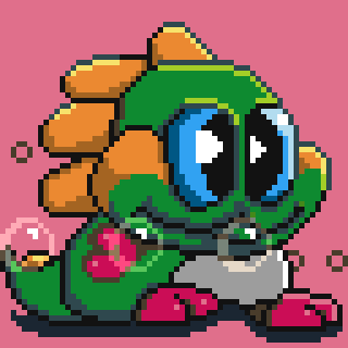 A cute, pixelated green dinosaur character with large eyes is blowing bubbles while sitting on a pink background.