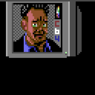 A pixelated portrait of a person with a C64 palette displayed on a digital screen.