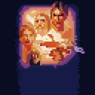 A pixelated representation of a movie poster with three figures, including one holding a gun, against a gradient background.