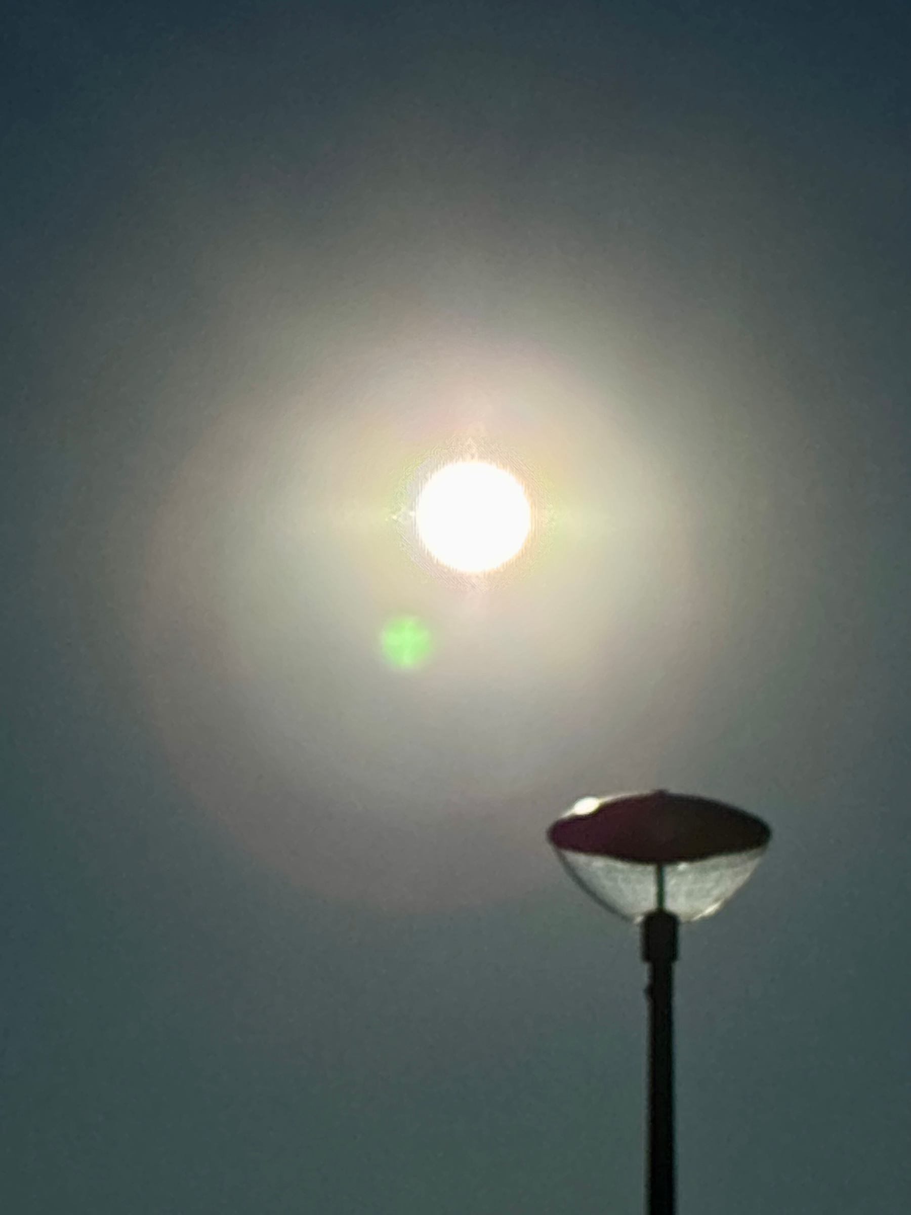Auto-generated description: A bright sun shines in the sky above a silhouetted streetlamp.