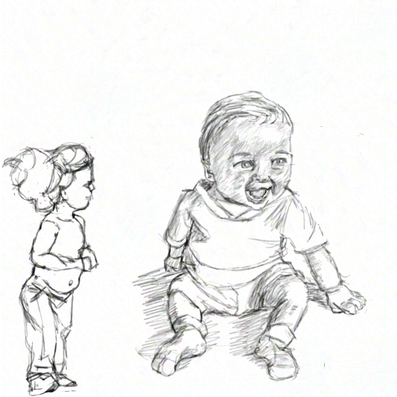 A pencil sketch depicts a young child laughing while seated, with another smaller sketch of a walking child on the left.