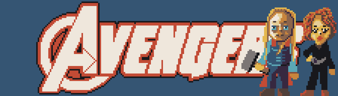 A pixel art depiction of two characters posing in front of an Avengers logo.
