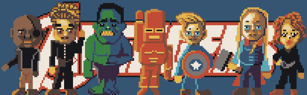 Auto-generated description: Seven pixel art characters in superhero costumes stand in front of a stylized Avenger logo.
