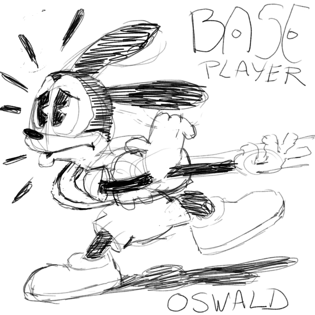 A sketchy, black-and-white illustration of a cartoon character named Oswald, with exaggerated features and playful movement, accompanied by the text BASS PLAYER.