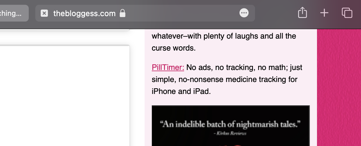 Screenshot of theblogess.com showing an ad for PillTimer