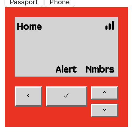 A webpage mocked up to have the interface of a circa-2002 Nokia mobile phone with a back, action, and scroll buttons. The current screen is home, the action button is for alerts, the scroll buttons are for numbers. There are 3 bars of signal.