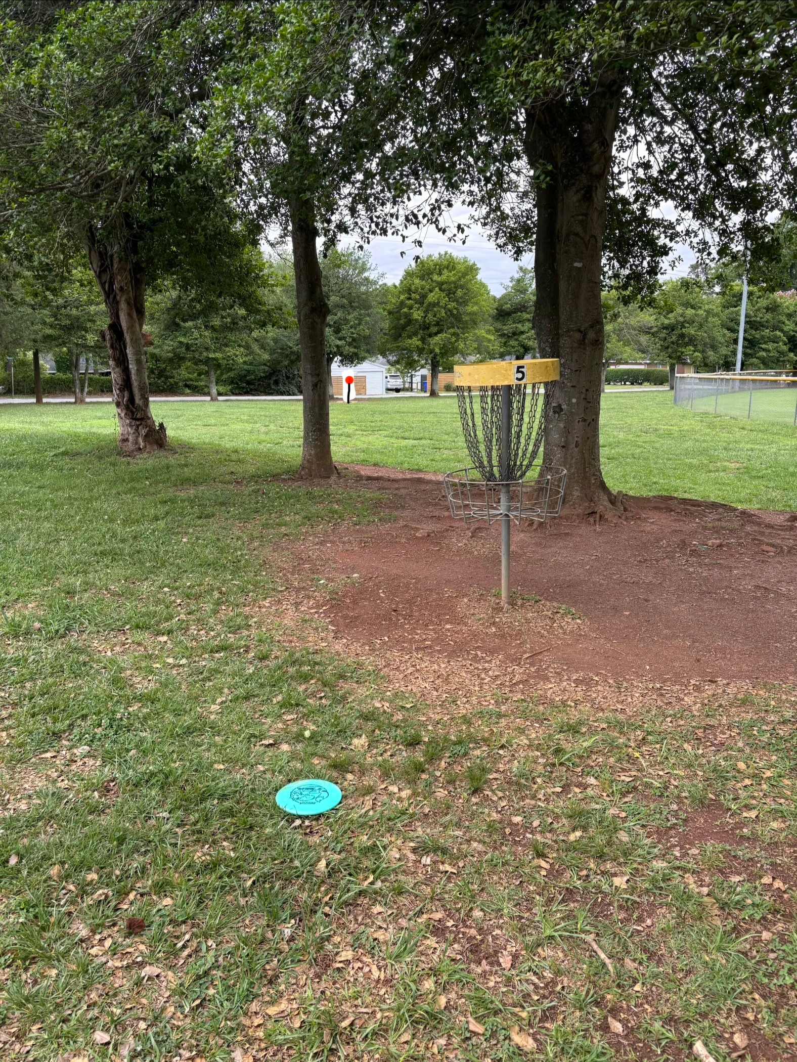 Picture of a disc golf basket with a blue disc (Innova Fox) lying about three feet away. The tee pad is marked in the background with a red pin. There is a line of trees between the basket and the pin.