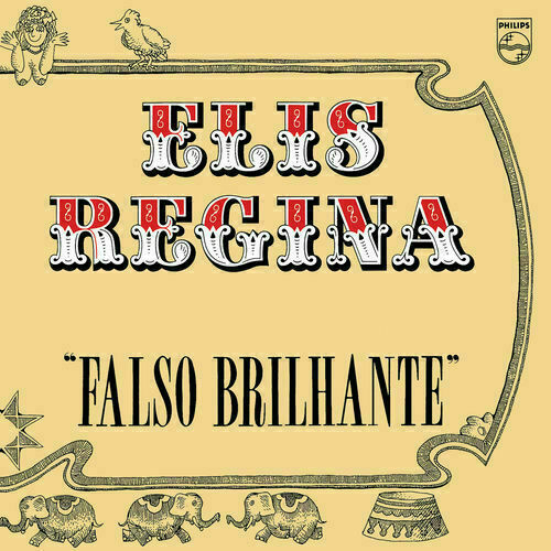 Auto-generated description: Capa do álbum Falso Brilhante de Elis Regina, com letras grandes em estilo decorativo e elementos gráficos como elefantes e um sol.