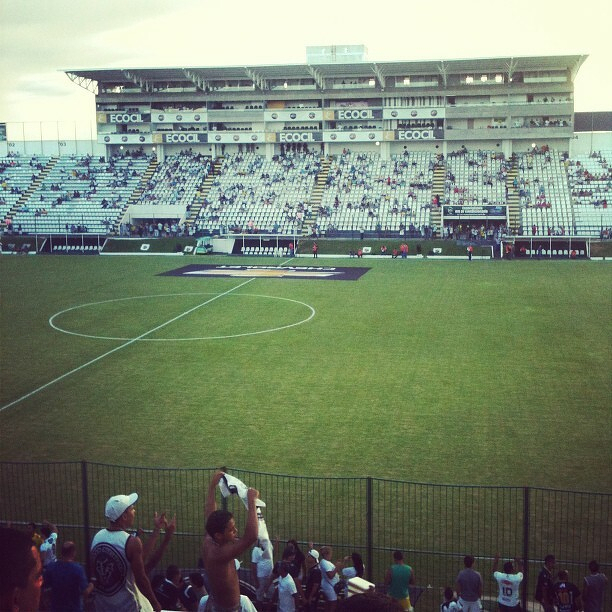 Auto-generated description: Um estádio de futebol parcialmente preenchido, com torcedores nas arquibancadas e um campo verde ao centro.
