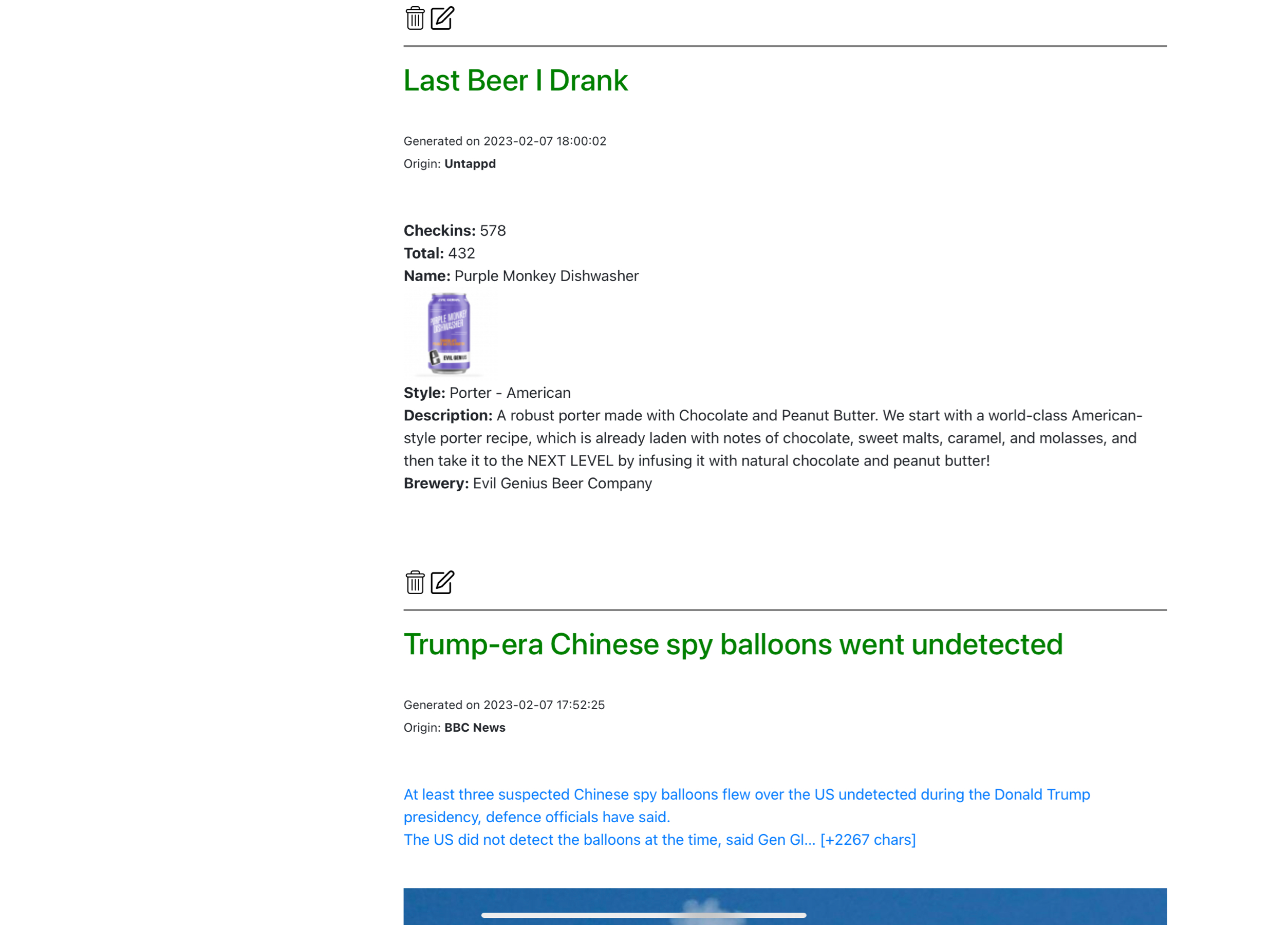 screenshot of site showing beer I drank, and world news.