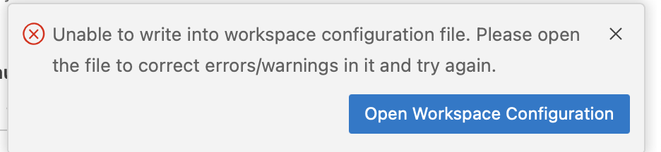 Unable to write to workspace config.