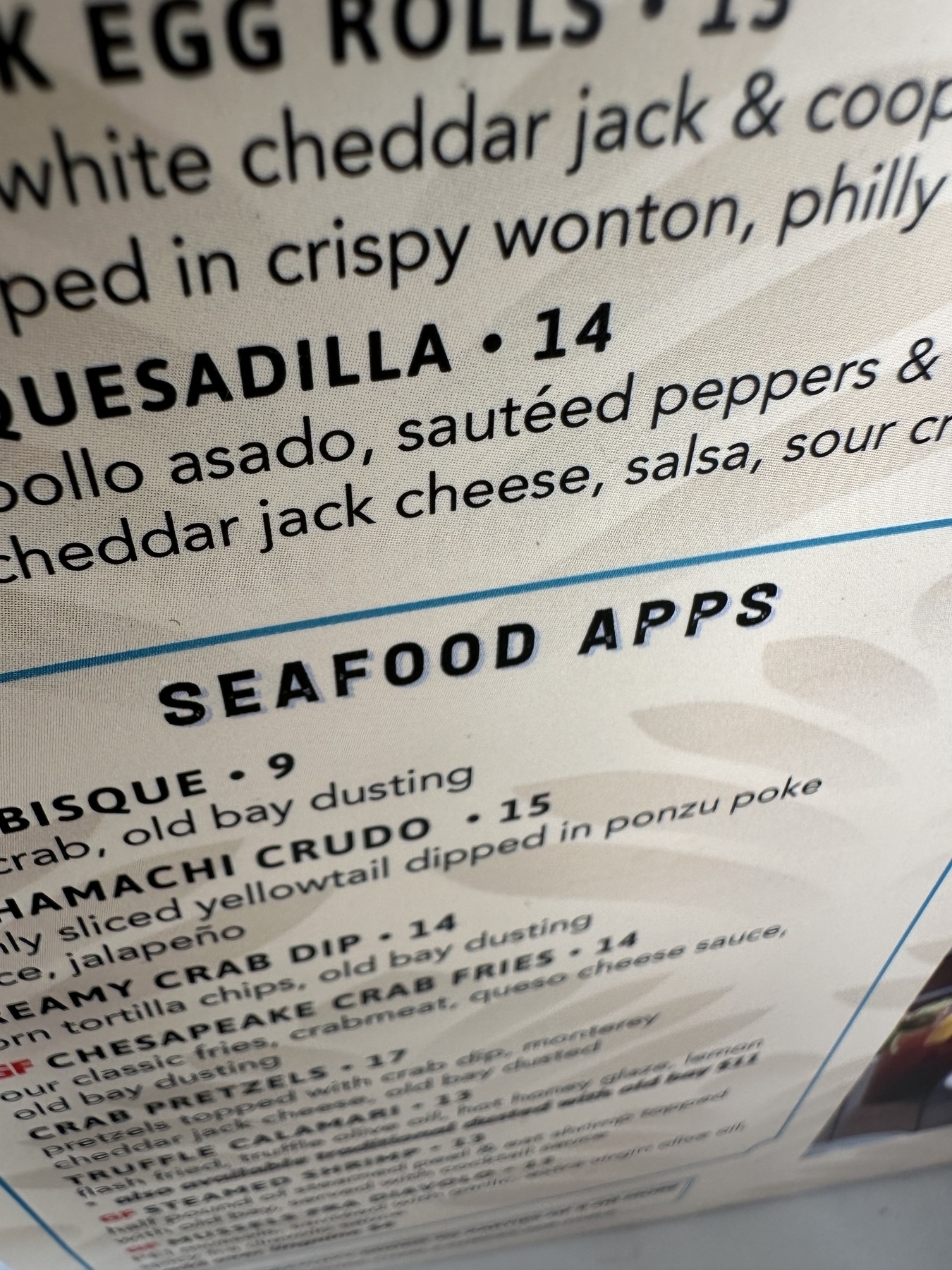 Menu with “seafood apps”