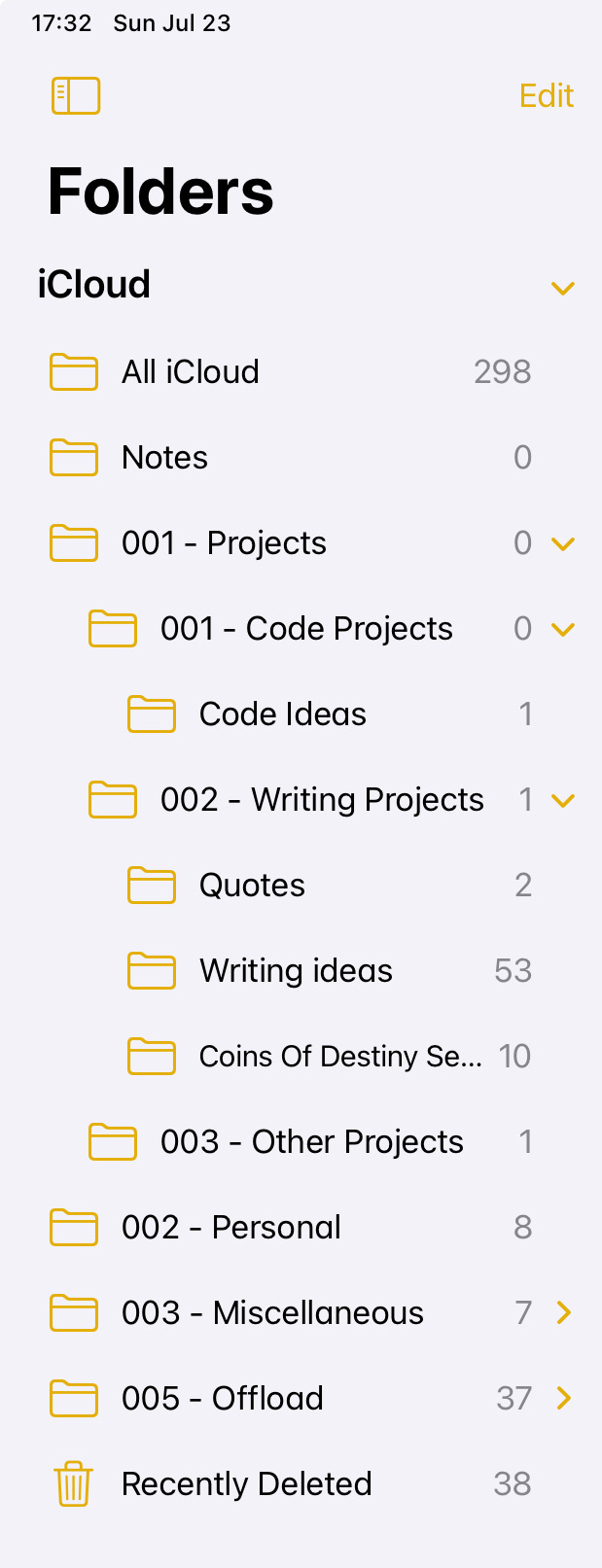 My Apple Notes folder structure