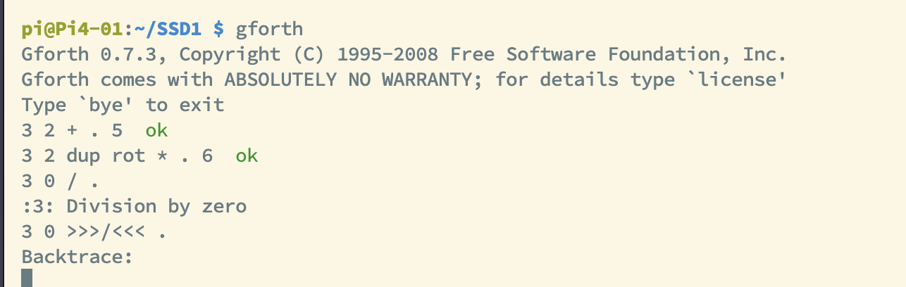 Screenshot of gForth running on a Raspberry Pi