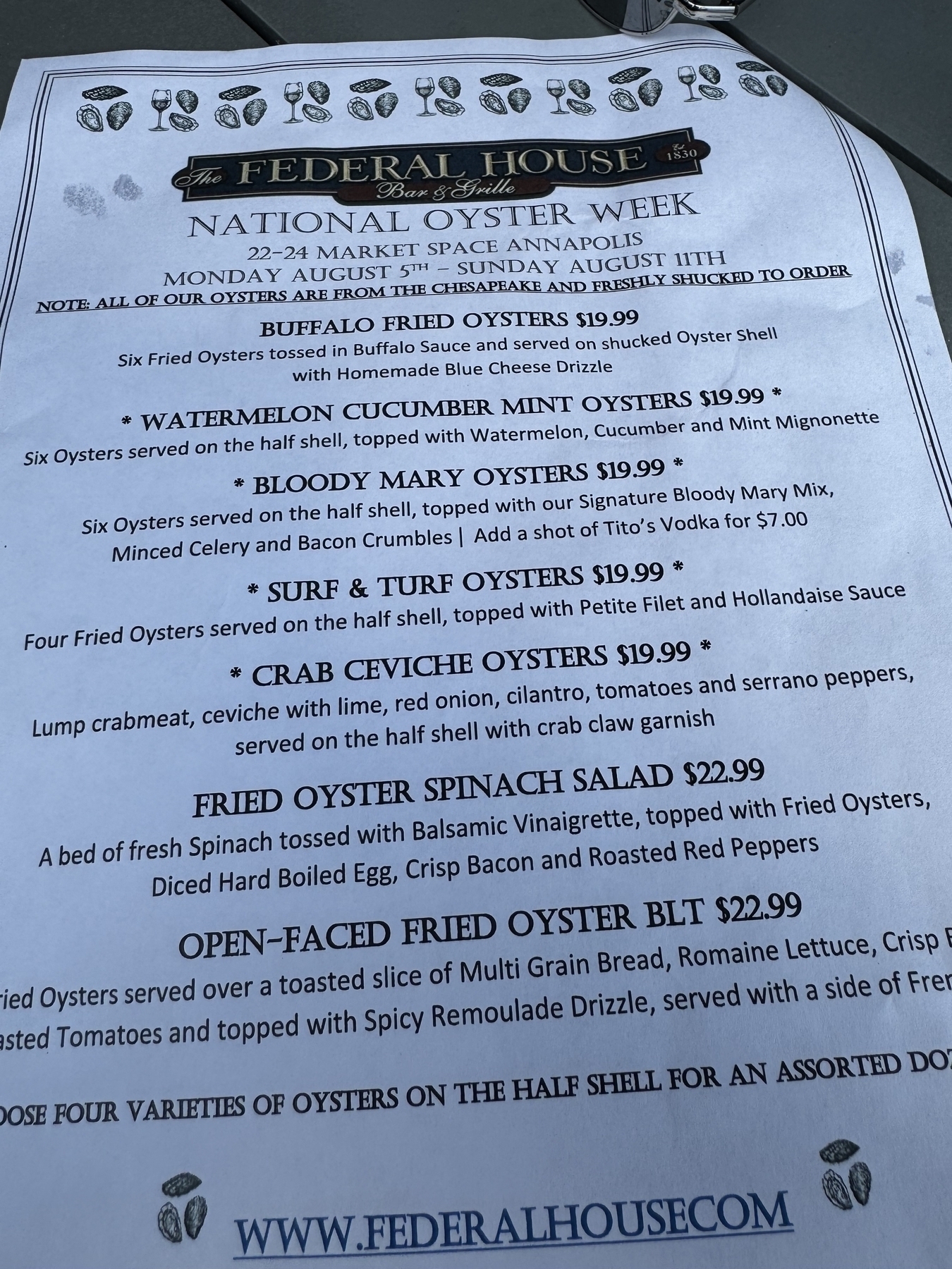 Oyster week menu 