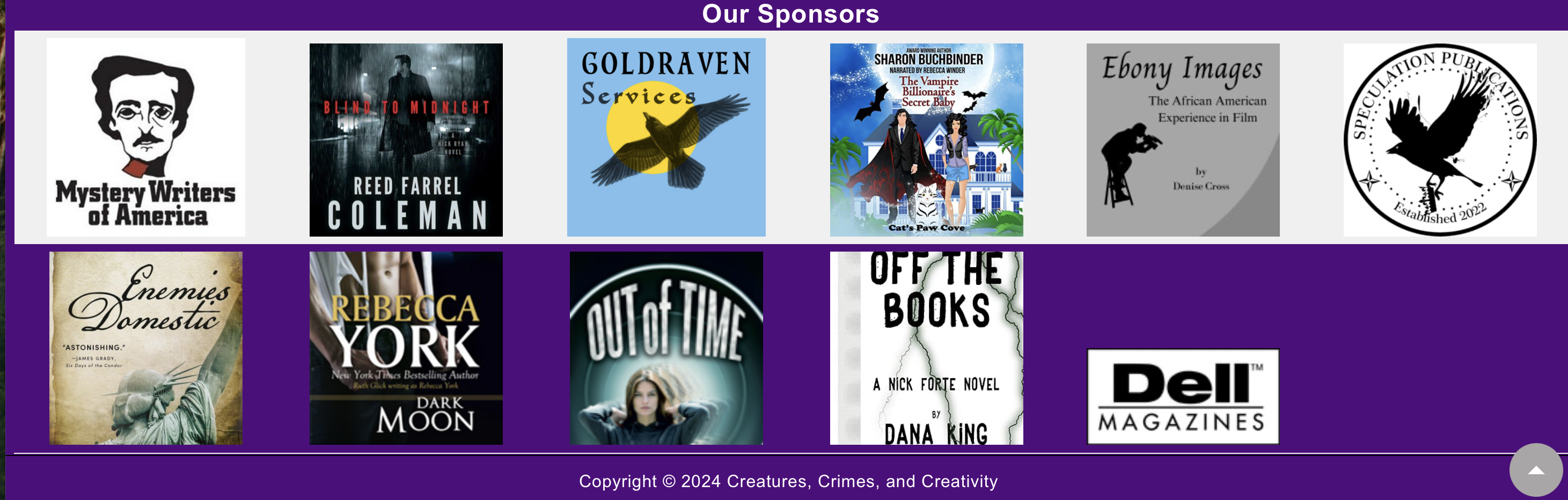 I’m listed as a sponsor of Creatures, Crimes, and Creativity via my book cover of “Out of TIme”