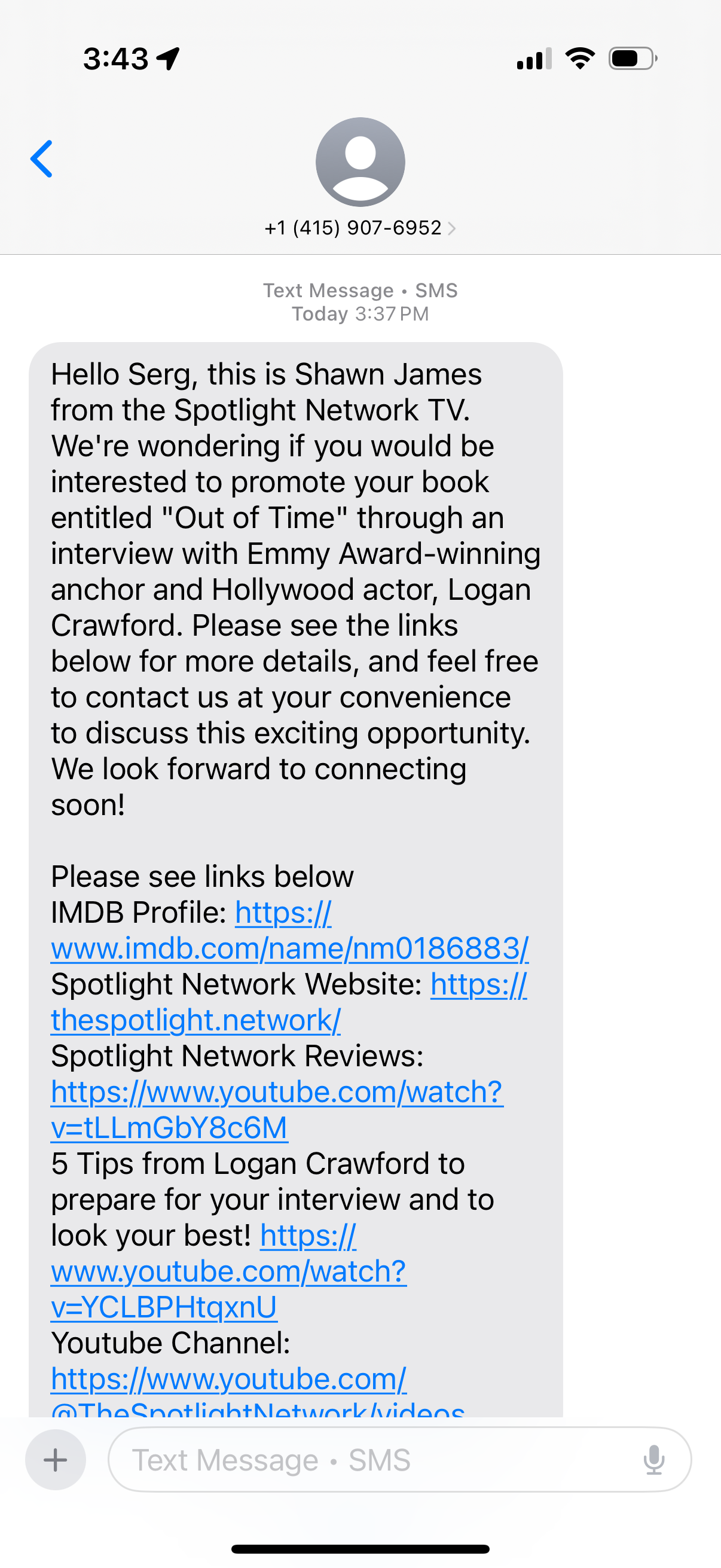 Text message promoting a scam. 