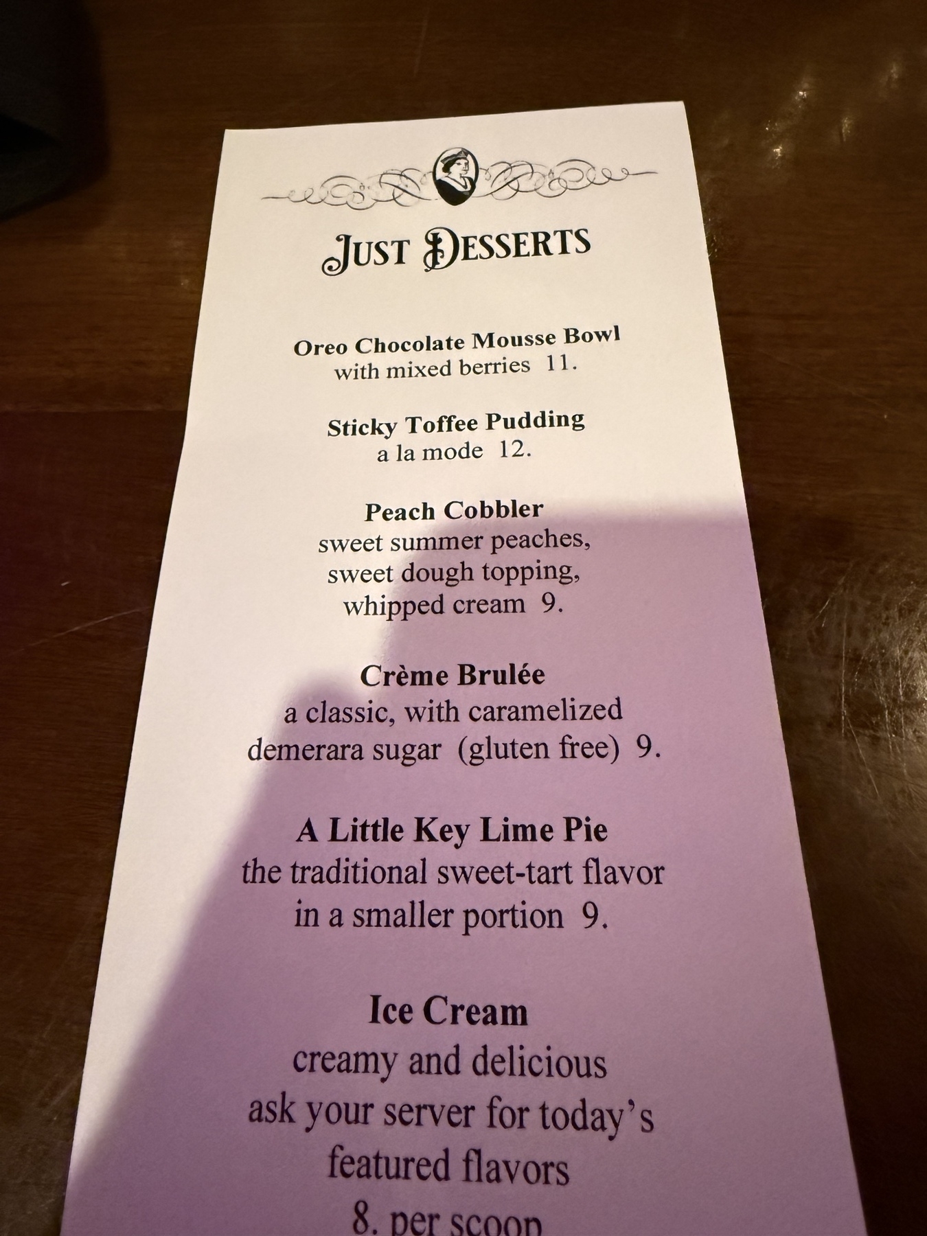 Dessert menu