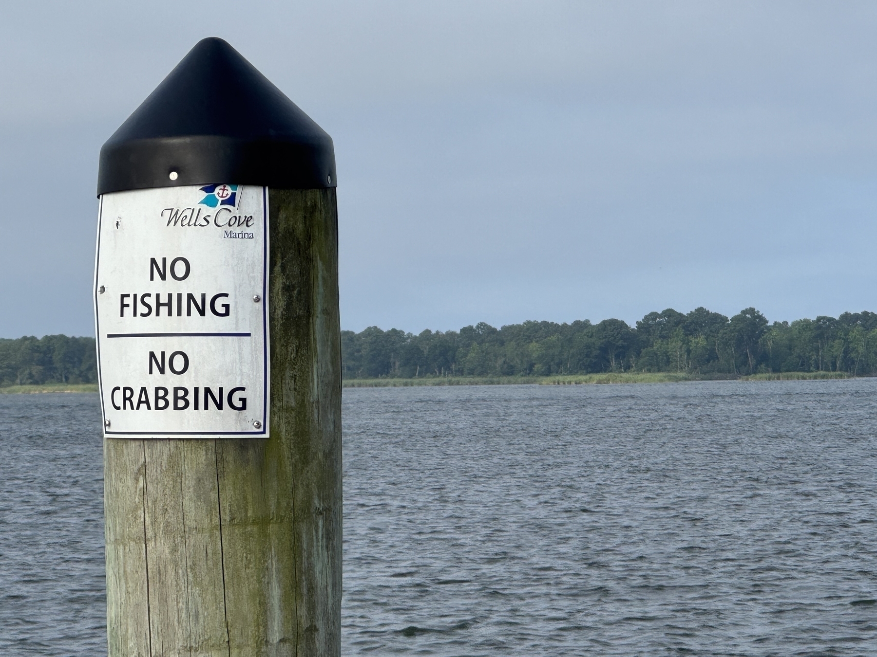 Pier post with sign and water 