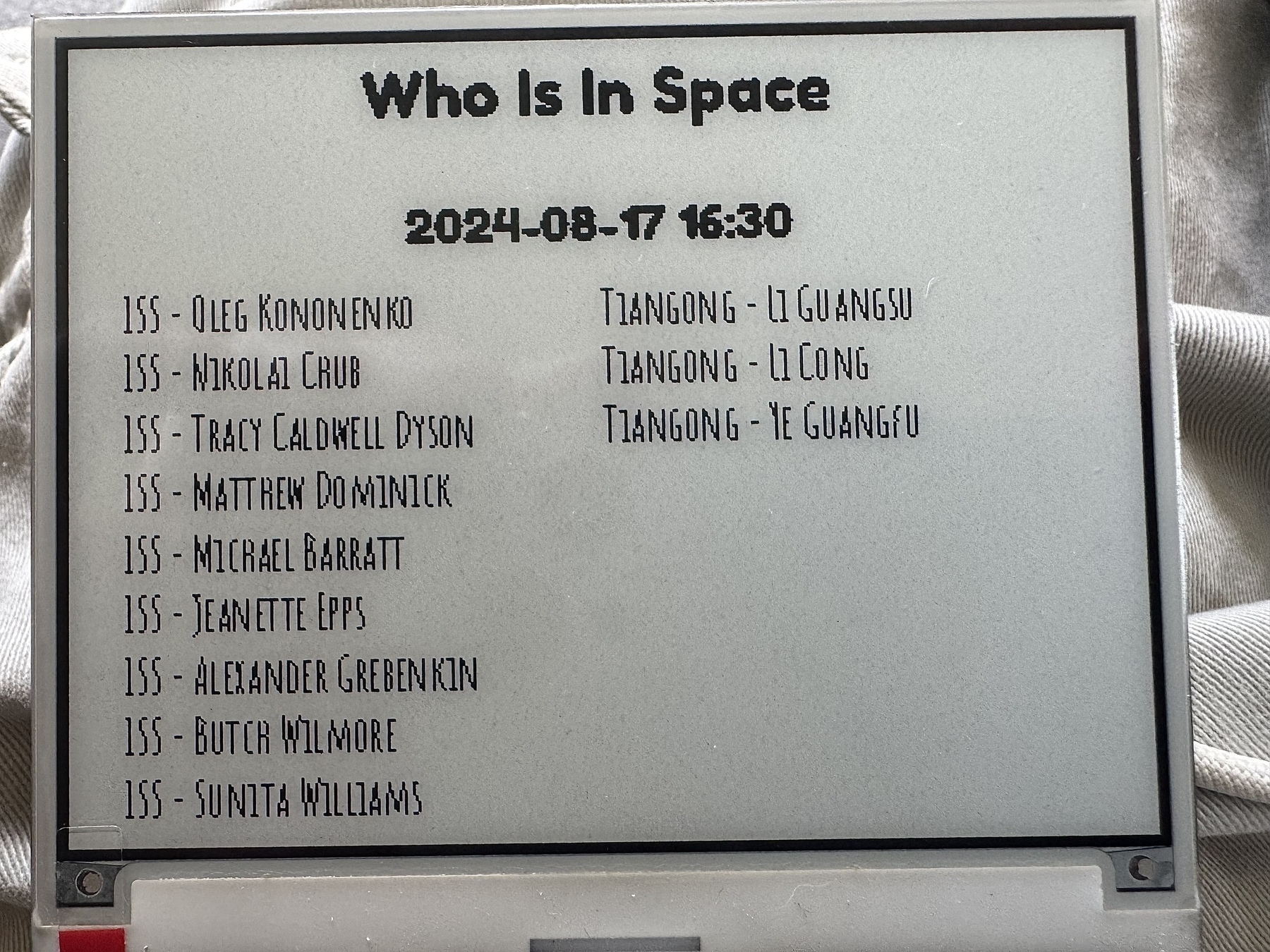 Eink display showing who is in space. 