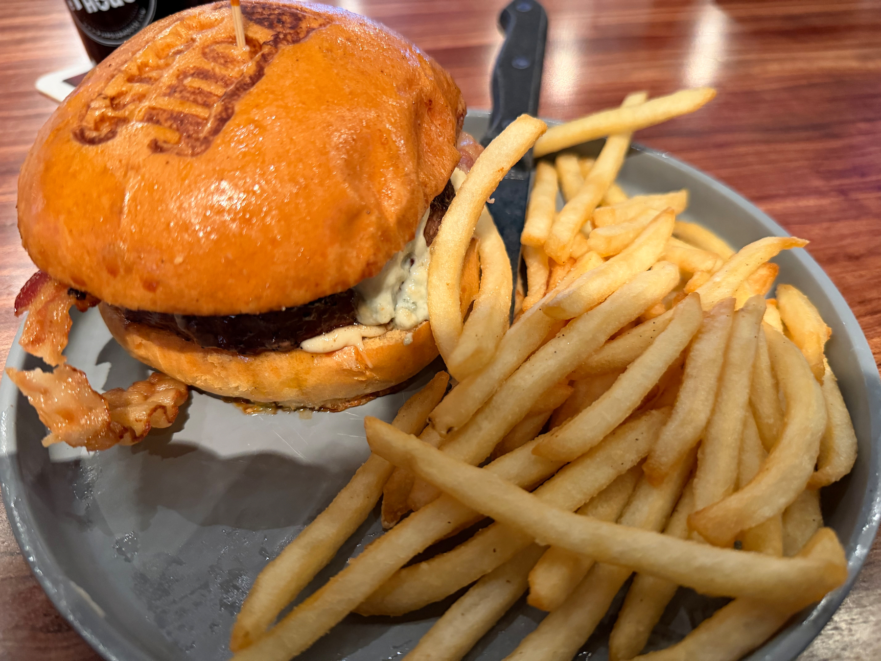 Black and bleu burger and fries 