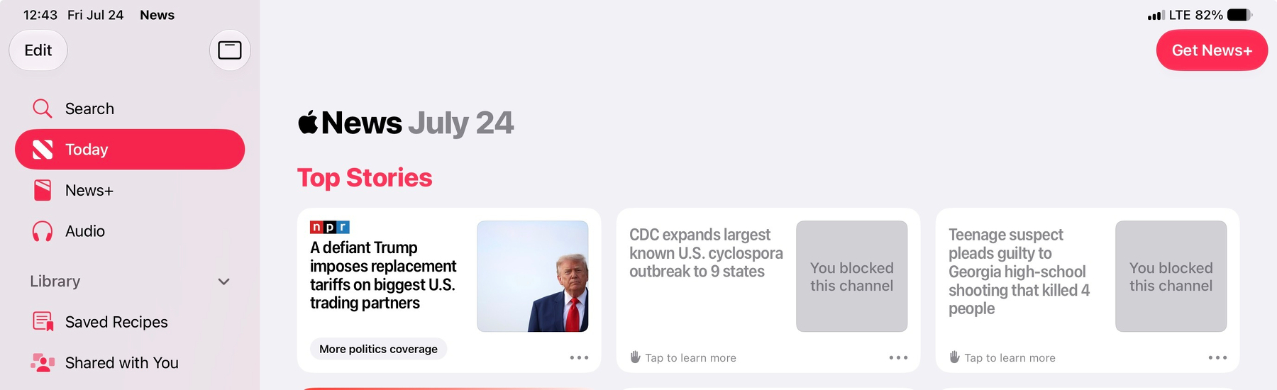 Apple News  shows blocked channels and only hides images.