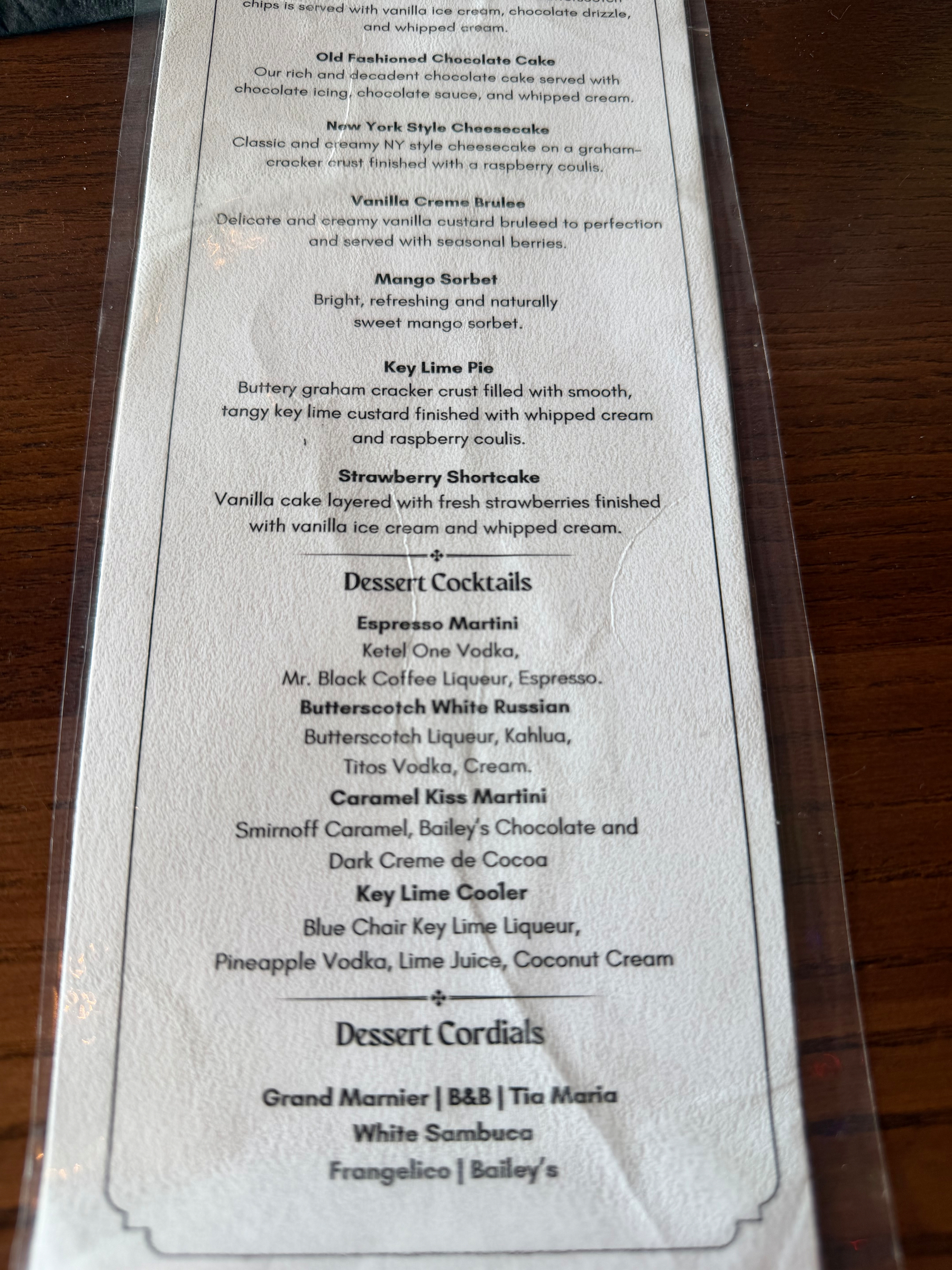 Dessert menu