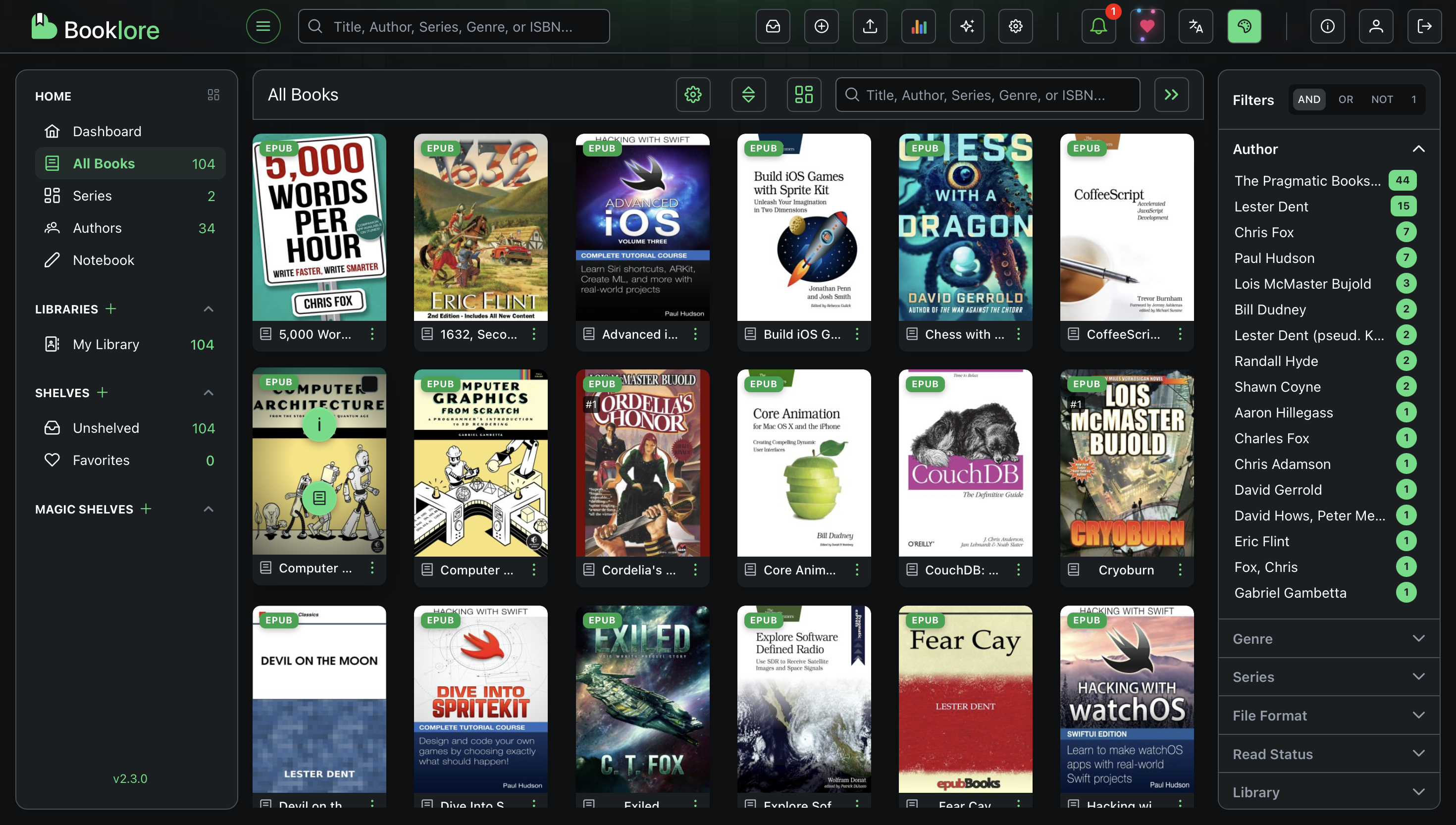 Screen shot of book library.