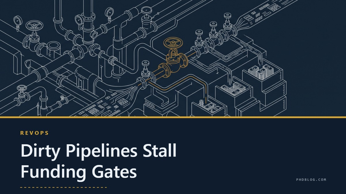 Social card for phdblog.com: "Dirty Pipelines Stall Funding Gates", flat-design graphic, diagonal layout, paper palette, chart motif.